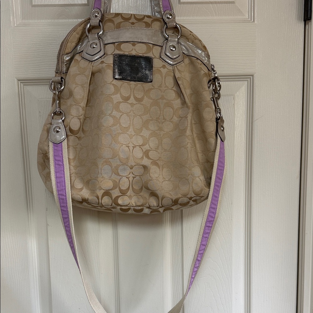 Coach Beige Signature Canvas Shoulder Bag with Purple & Orange Floral Appliqués - Picture 13 of 16